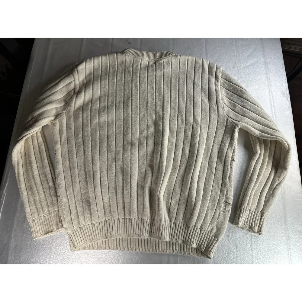 Bill Blass long sleeve cream gray black striped crewneck knit‎ sweater men's XXL